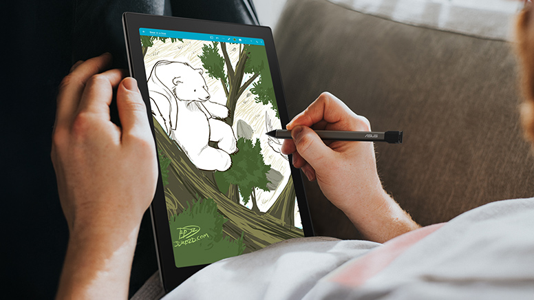 Right hand drawing with a stylus on an detachable ASUS Chromebook.